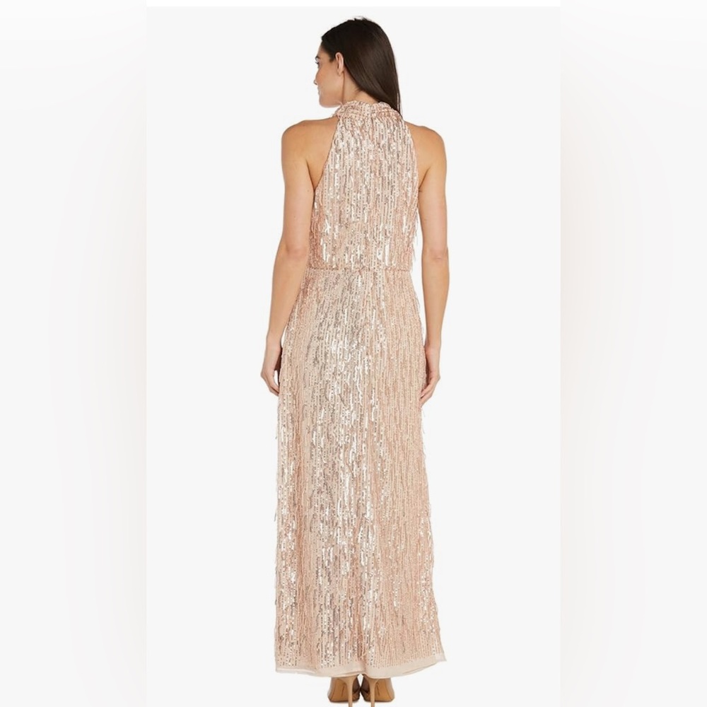 Embellished Sequin Fringe Power Mesh Dress W/Mock Halter & Elastic Waist - Picture 2 of 9
